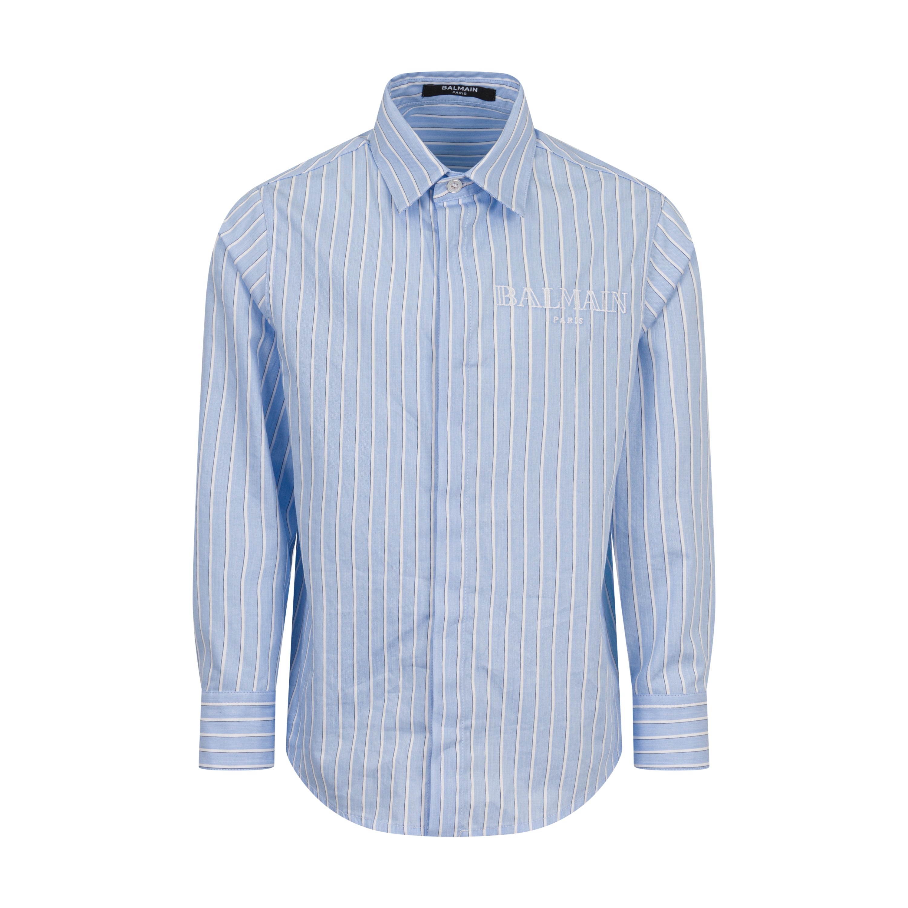 Children’s Blue Striped Cotton Shirt with Embroidered Chest Logo Balmain