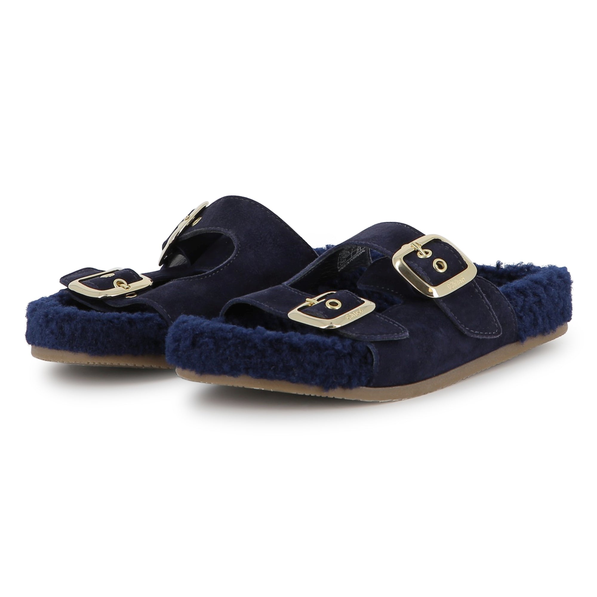 Navy Suede Sandals with Faux Shearling Insole and Gold Buckles Chloe