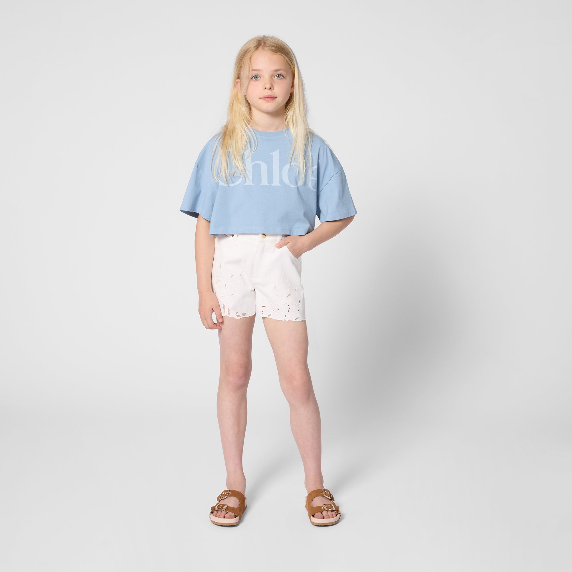 Organic Cotton Jersey Cropped Tee Shirt with Front Logo Print Chloe