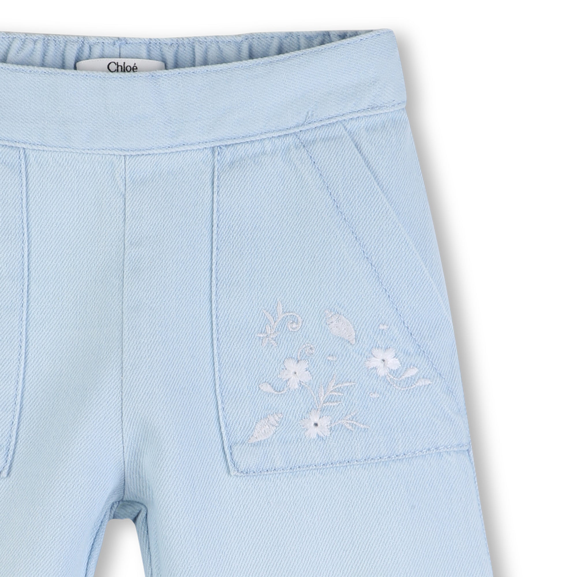 Baby Light Cotton Denim Trousers With Floral Embroidered Pockets, Light Blue Chloe
