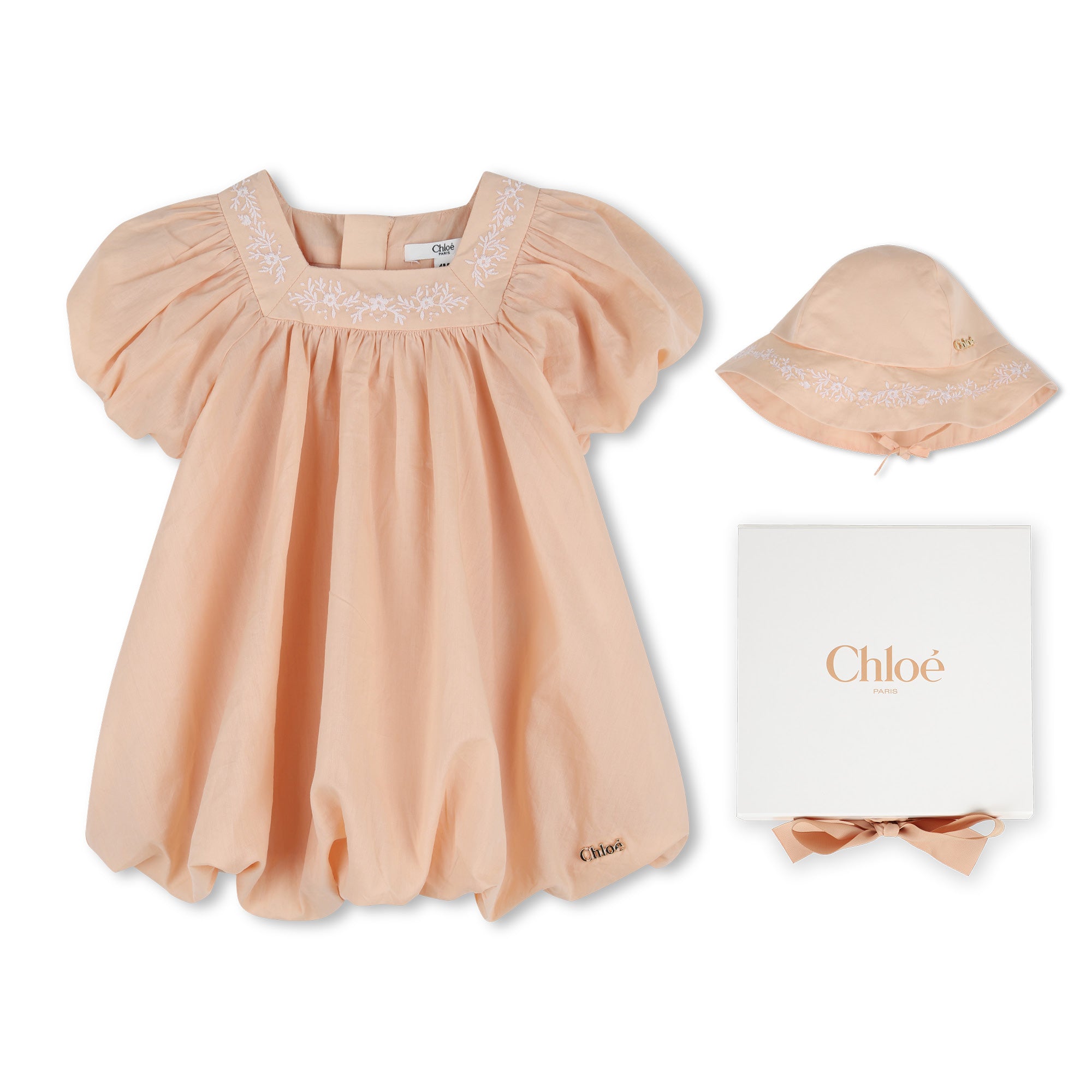 Baby Ceremony Dress And Hat Set, Organic Cotton Percale, Floral Embroidery, Puff Sleeves Chloe