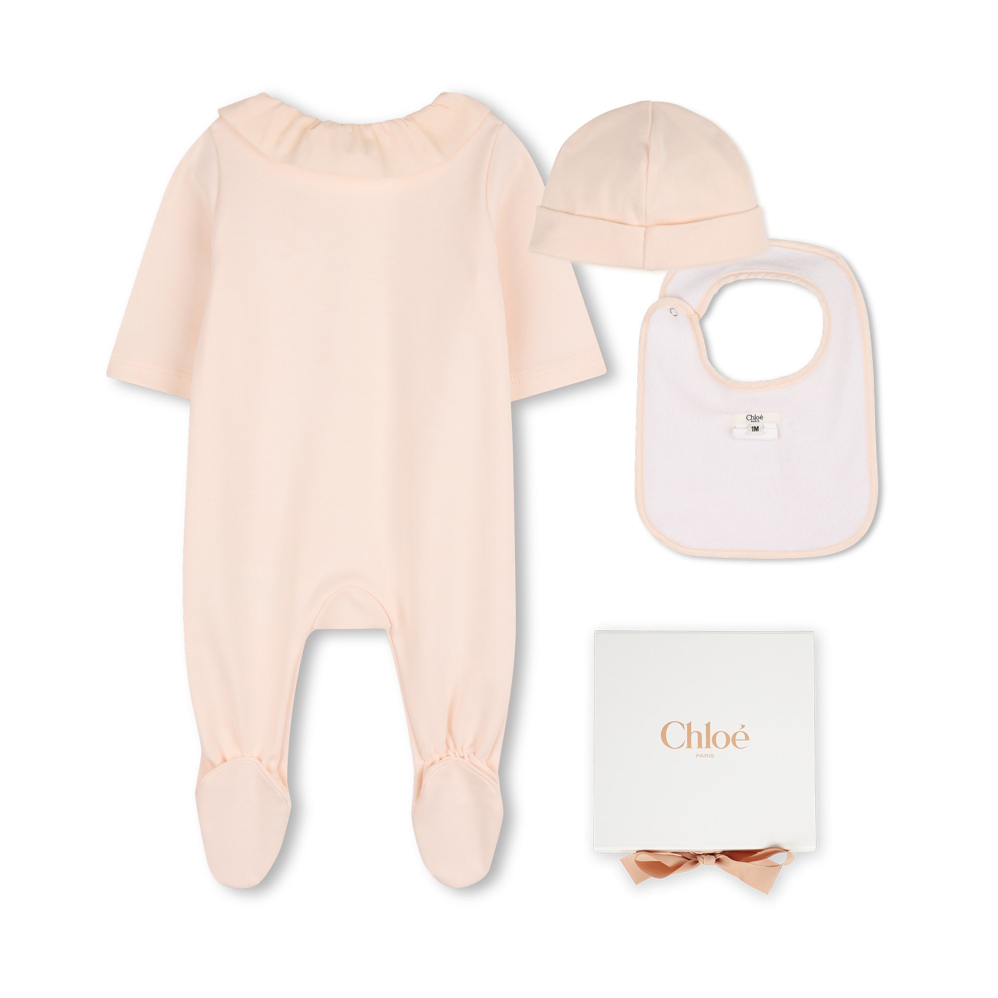 Baby Pyjamas Beanie And Bib Gift Set, Organic Cotton, Flounced Collar, Metallic Logo Detail Chloe