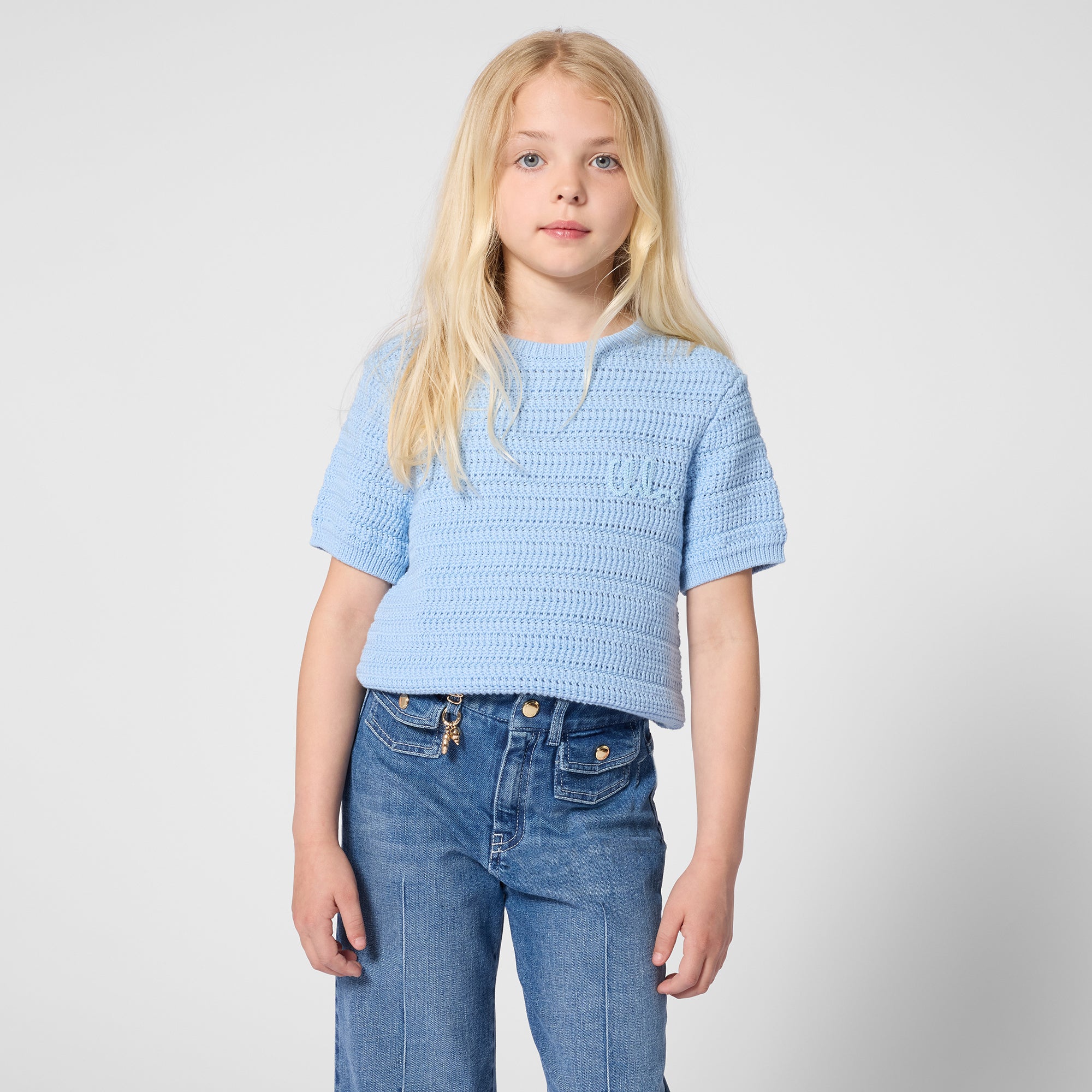 Organic Cotton Crochet Knit Short Sleeve Sweater with Crew Neck Chloe
