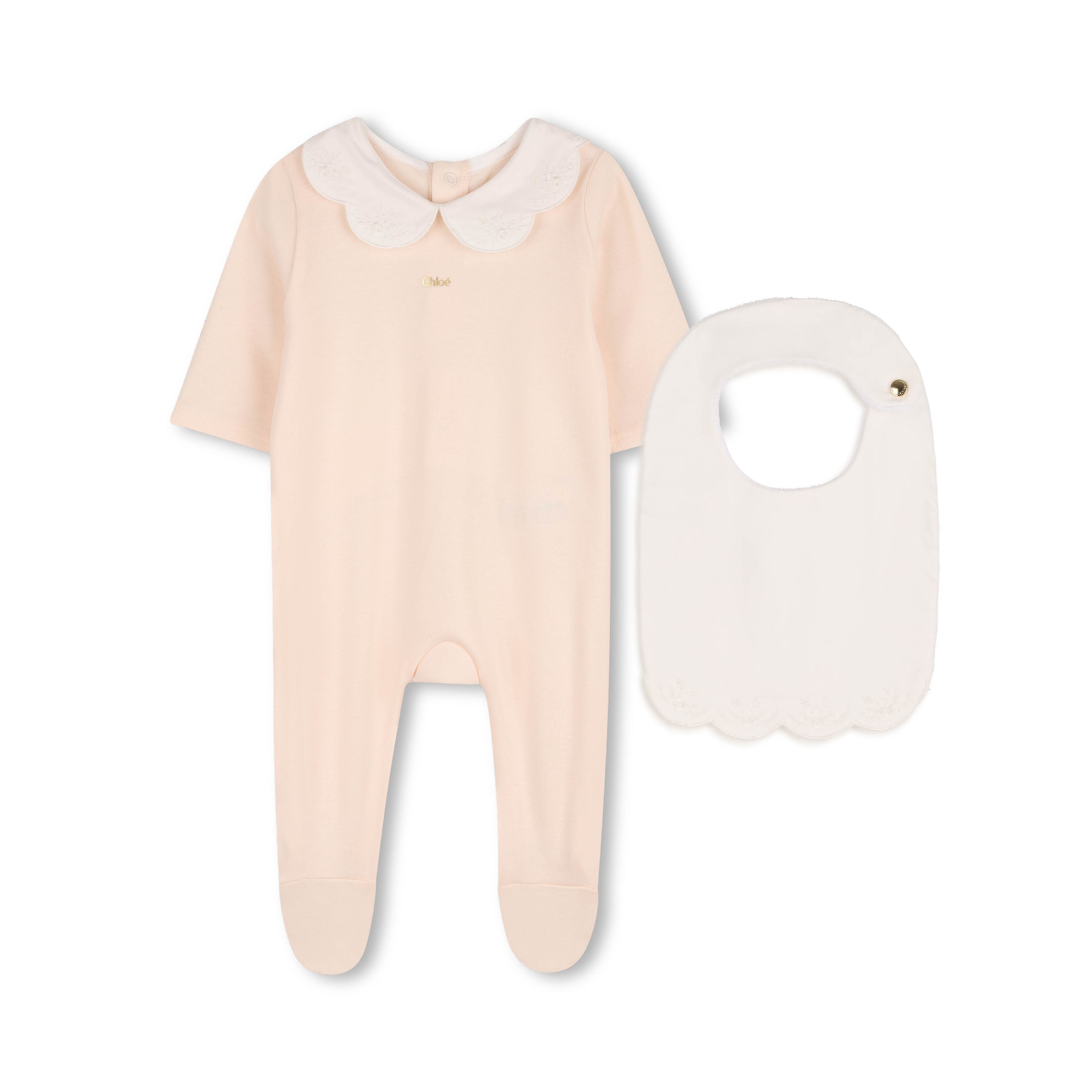 Baby Pyjamas And Bib Gift Set, Organic Cotton Rib, Embroidered Scalloped Collar, Branded Gift Box Chloe