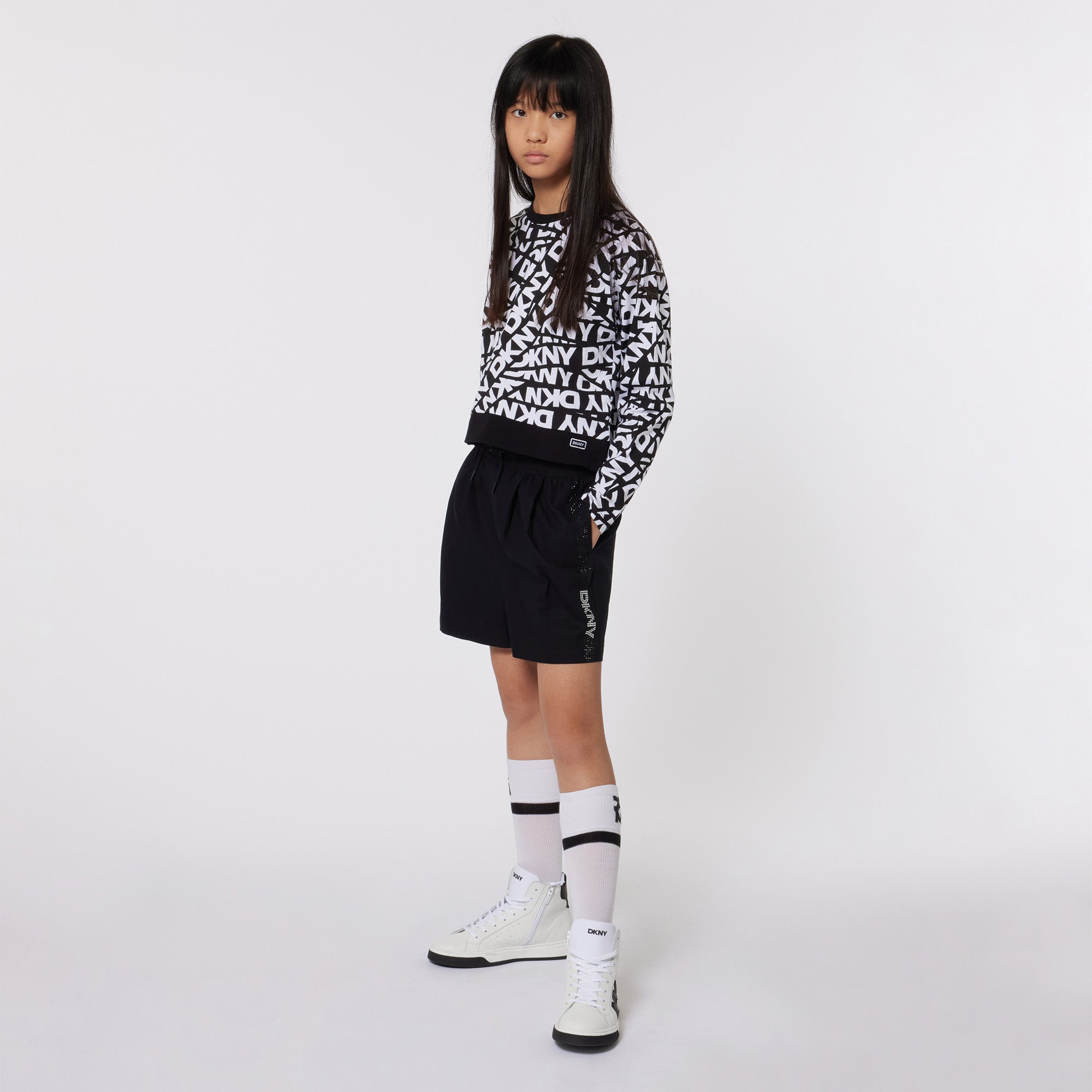 Black Cotton Twill Shorts with Rhinestone Side Bands DKNY