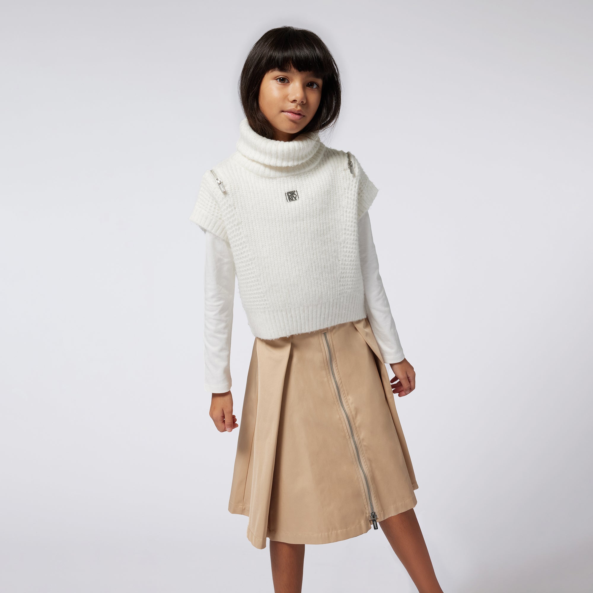 Midi Twill Skirt with Front Pleats and Zip Fastening DKNY