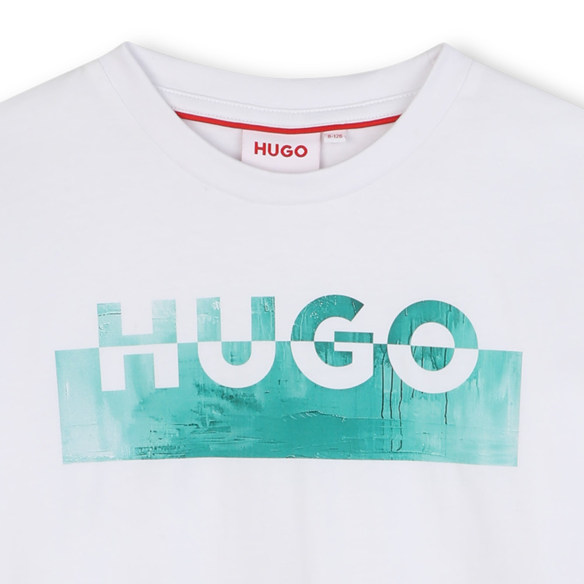 Black Organic Cotton Short Sleeve T-Shirt with Split Logo and All-Over Print Background Hugo