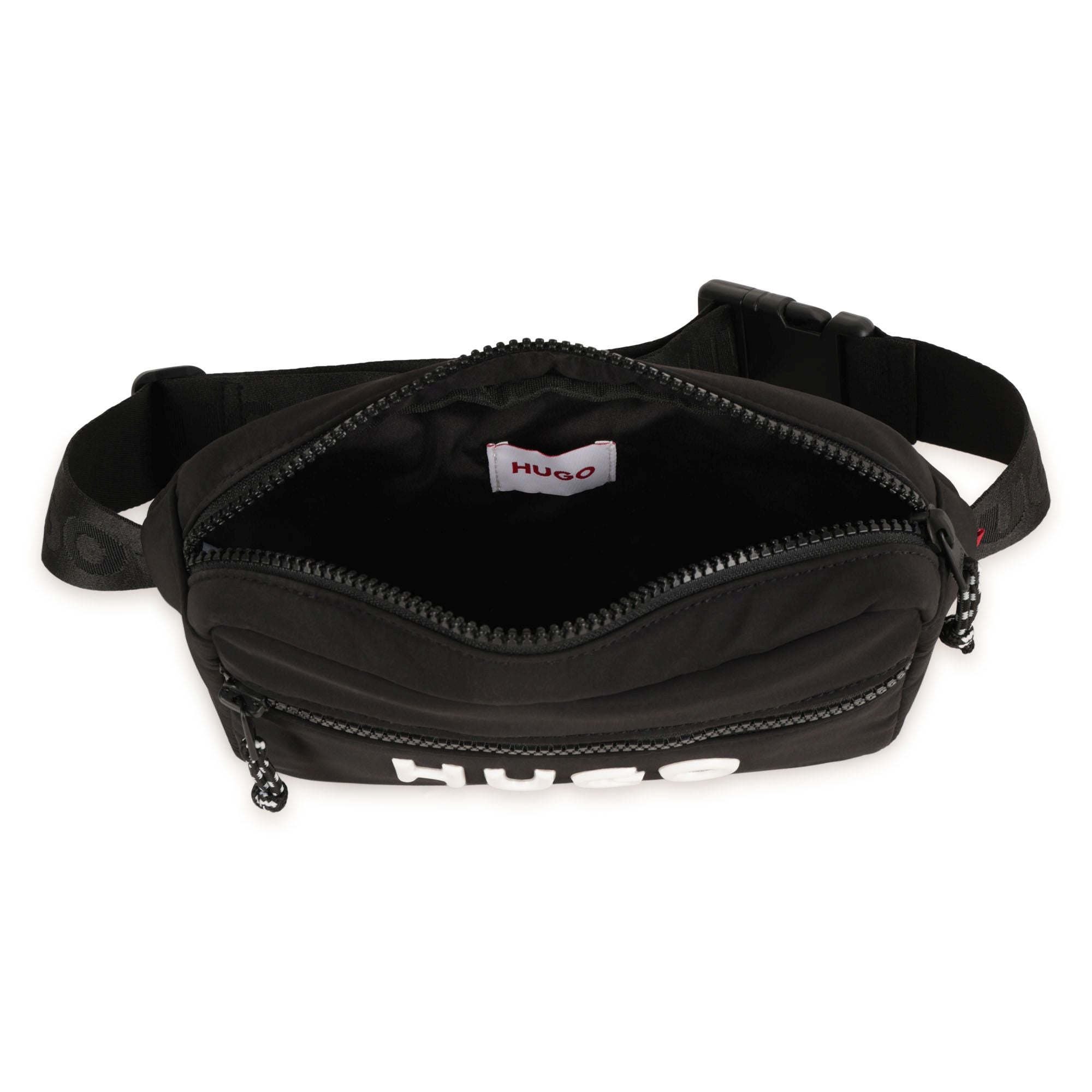 Black Matte Waist Bag with Branded Print and Adjustable Jacquard Strap Hugo