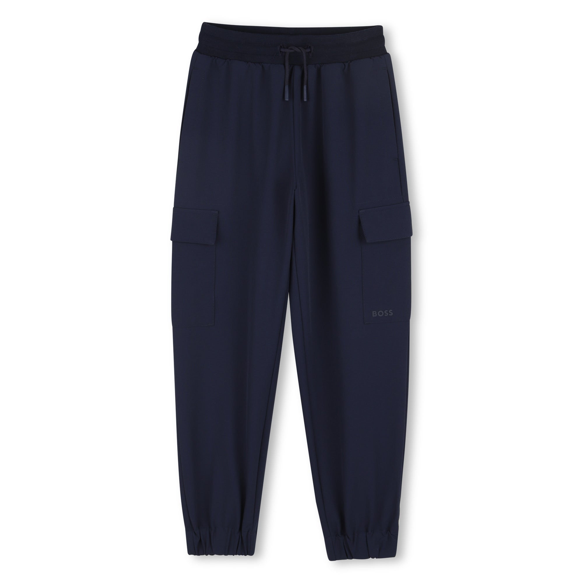 Navy cargo pants on a white background