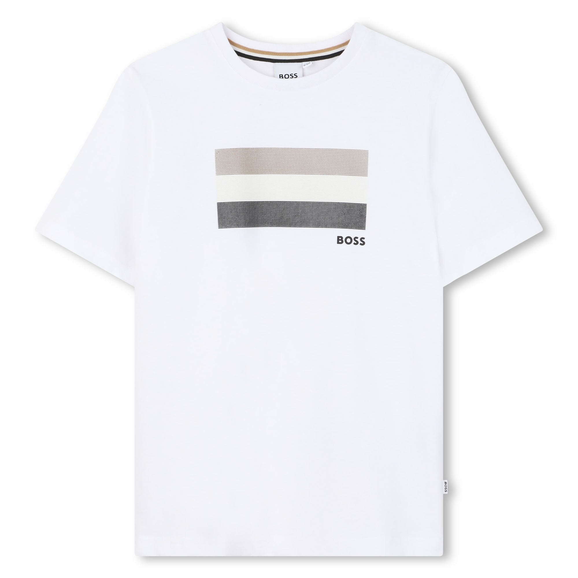 White t-shirt with horizontal color blocks and &