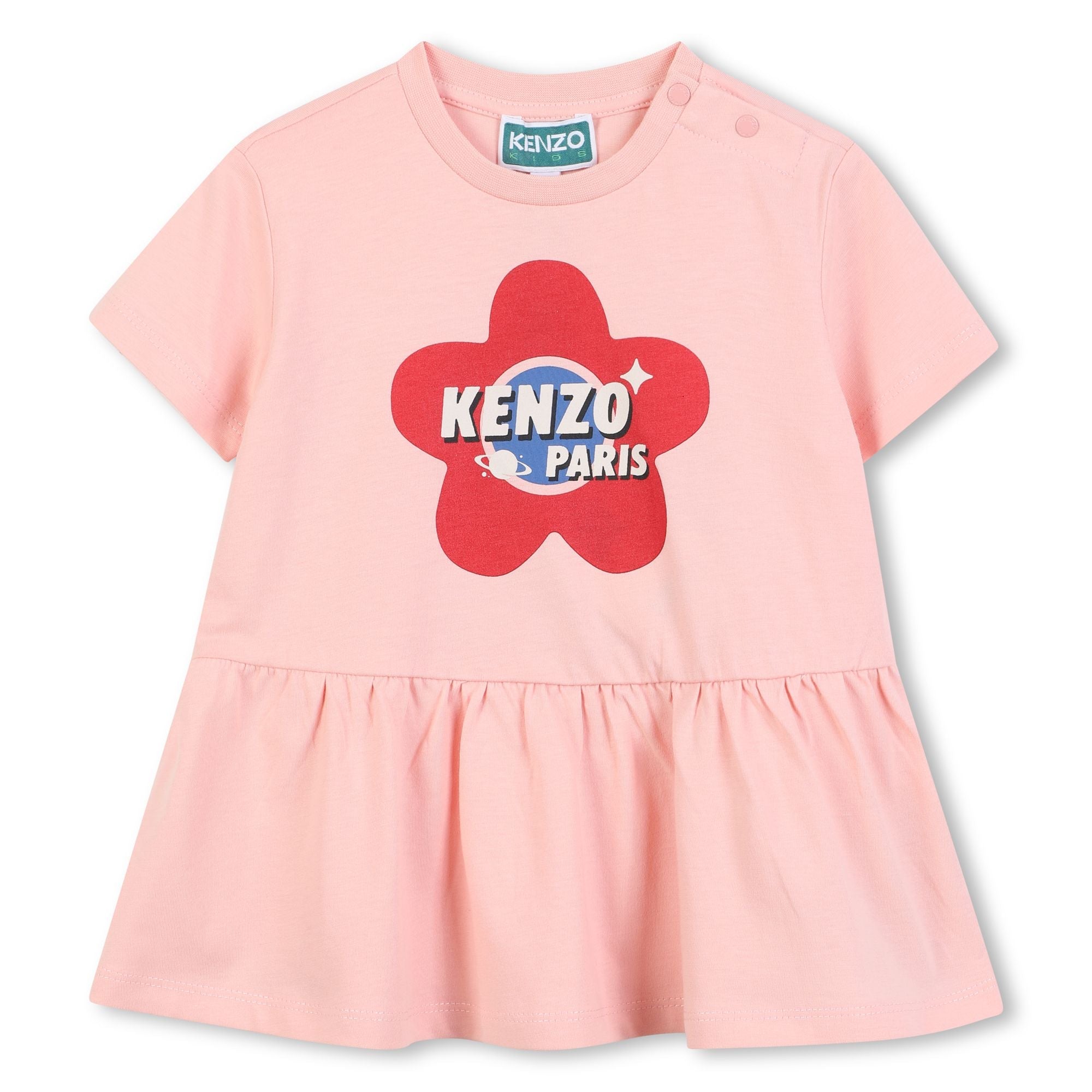 Baby pink organic cotton dress with gathered waist and logo print Kenzo