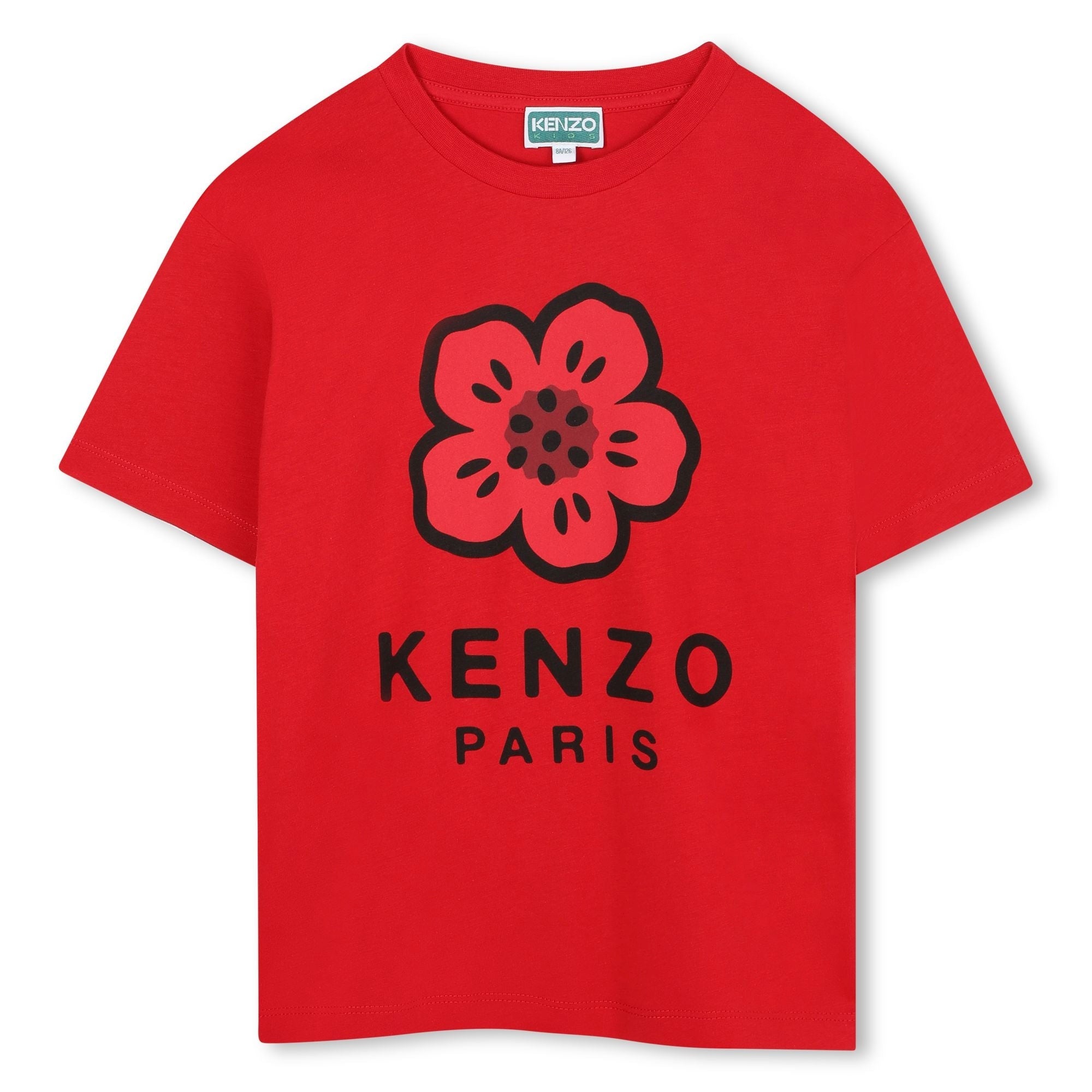 Kids red short sleeve organic cotton t-shirt with floral logo print Kenzo