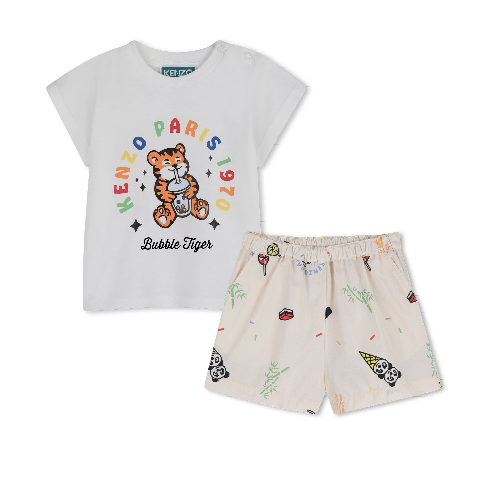 Baby T Shirt And Shorts Set In Organic Cotton, White And Cream Kenzo