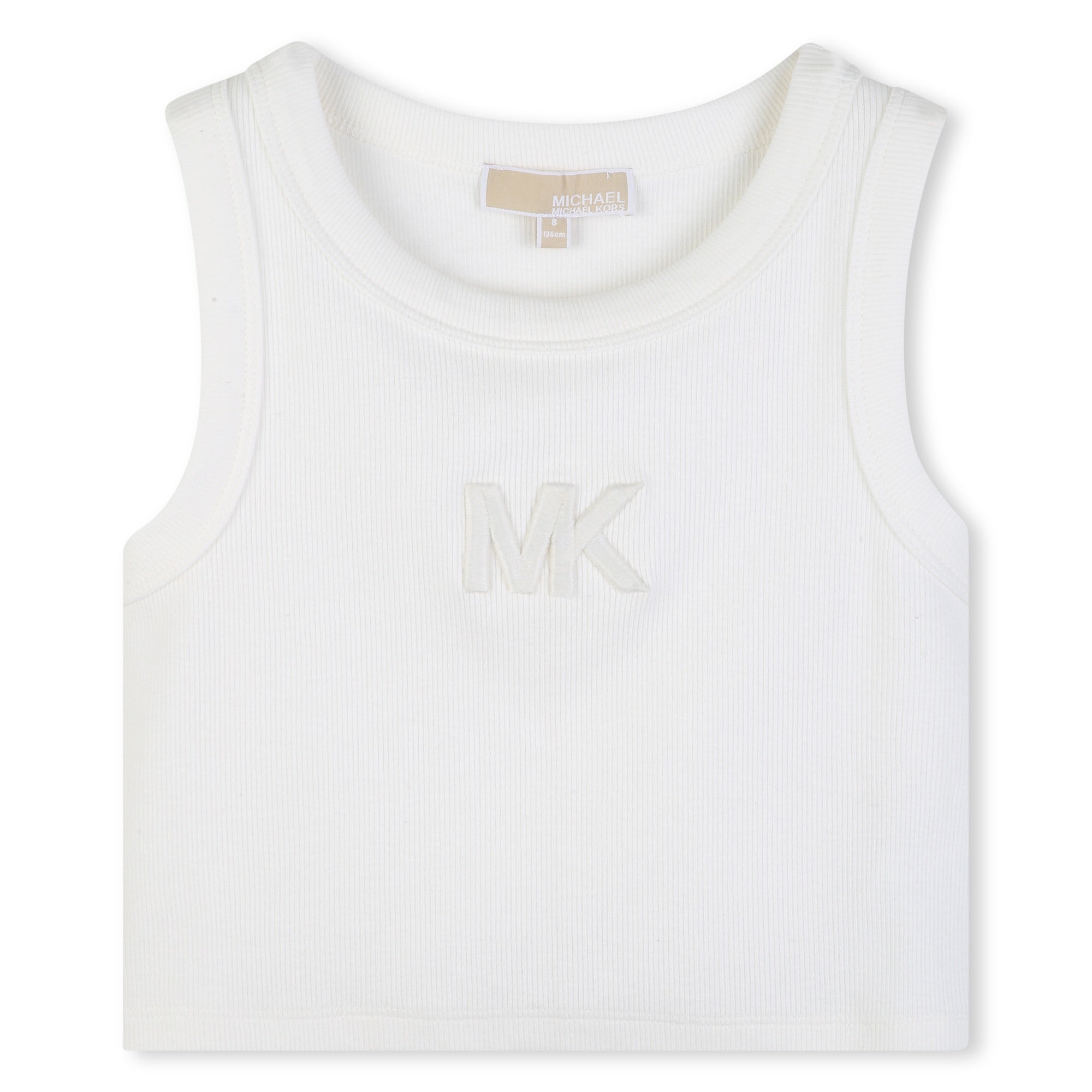 Girls Ribbed Tank Top With 3D Embroidery, White Michael Kors