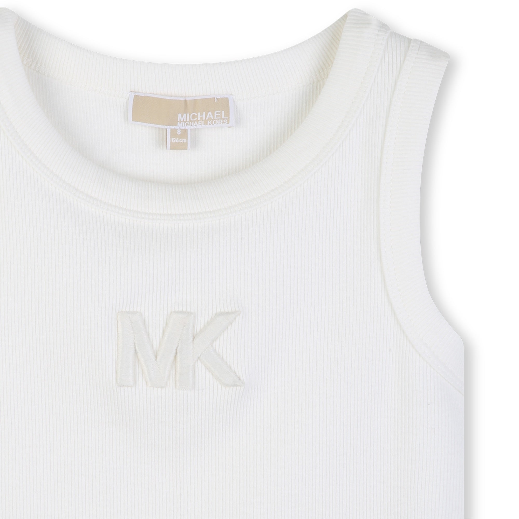 Girls Ribbed Tank Top With 3D Embroidery, White Michael Kors