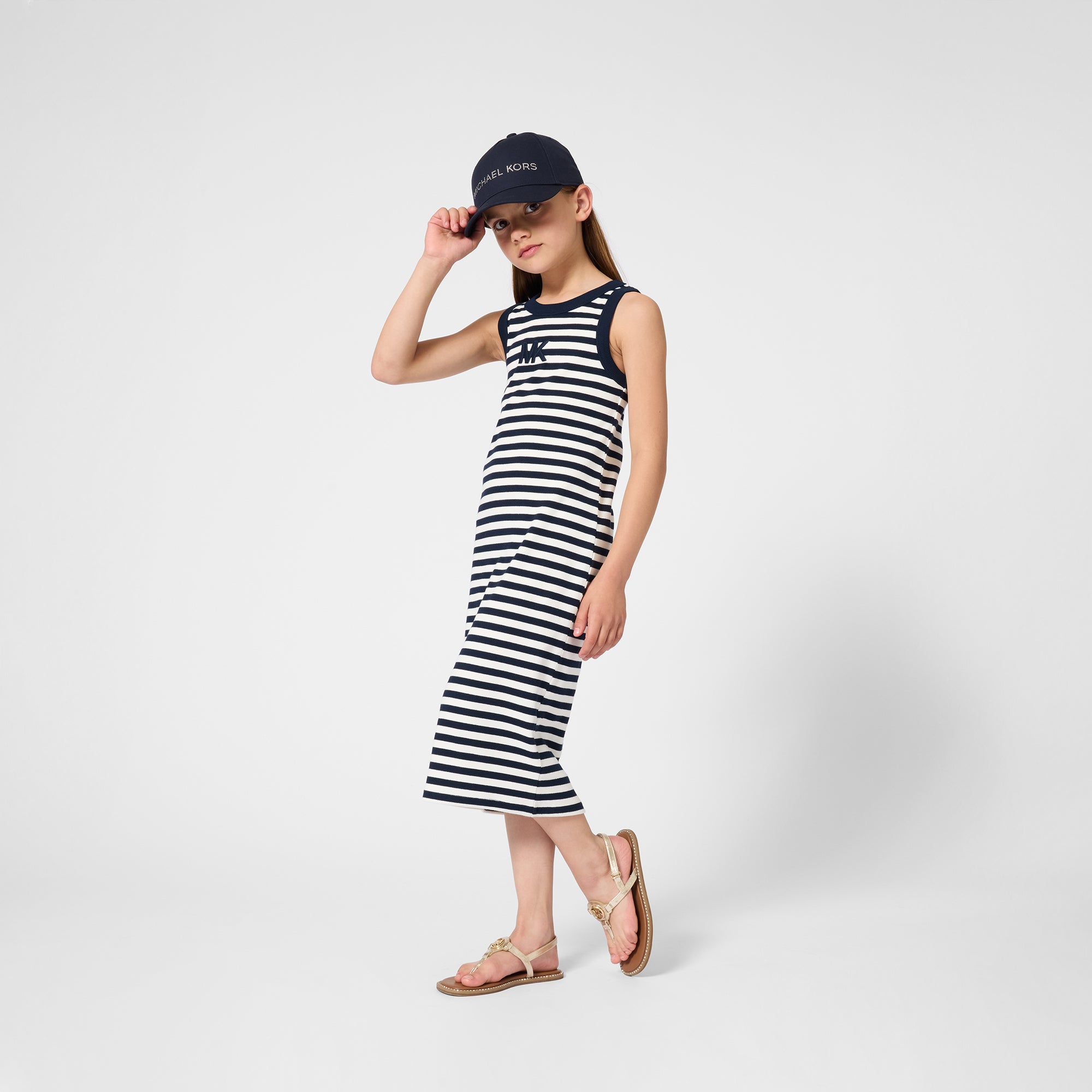 Girls Ribbed Sleeveless Stripe Dress With 3D Embroidery, Black And White Michael Kors