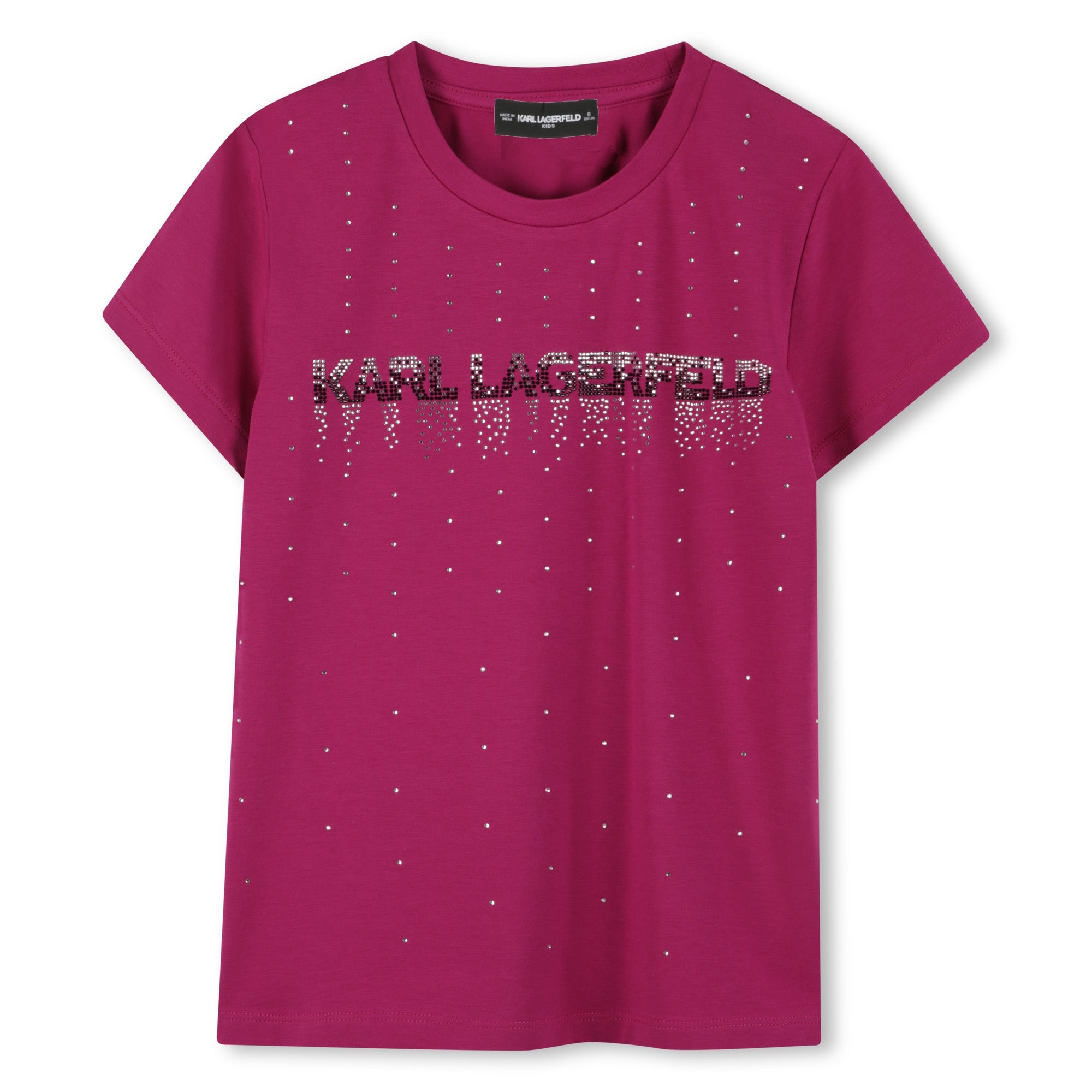 Kids magenta short sleeve t-shirt with rhinestone logo design Karl Lagerfeld Kids