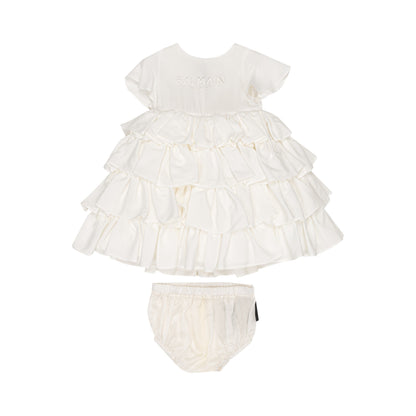 Elegant White Dress For Baby Girl With Logo And Culotte Balmain