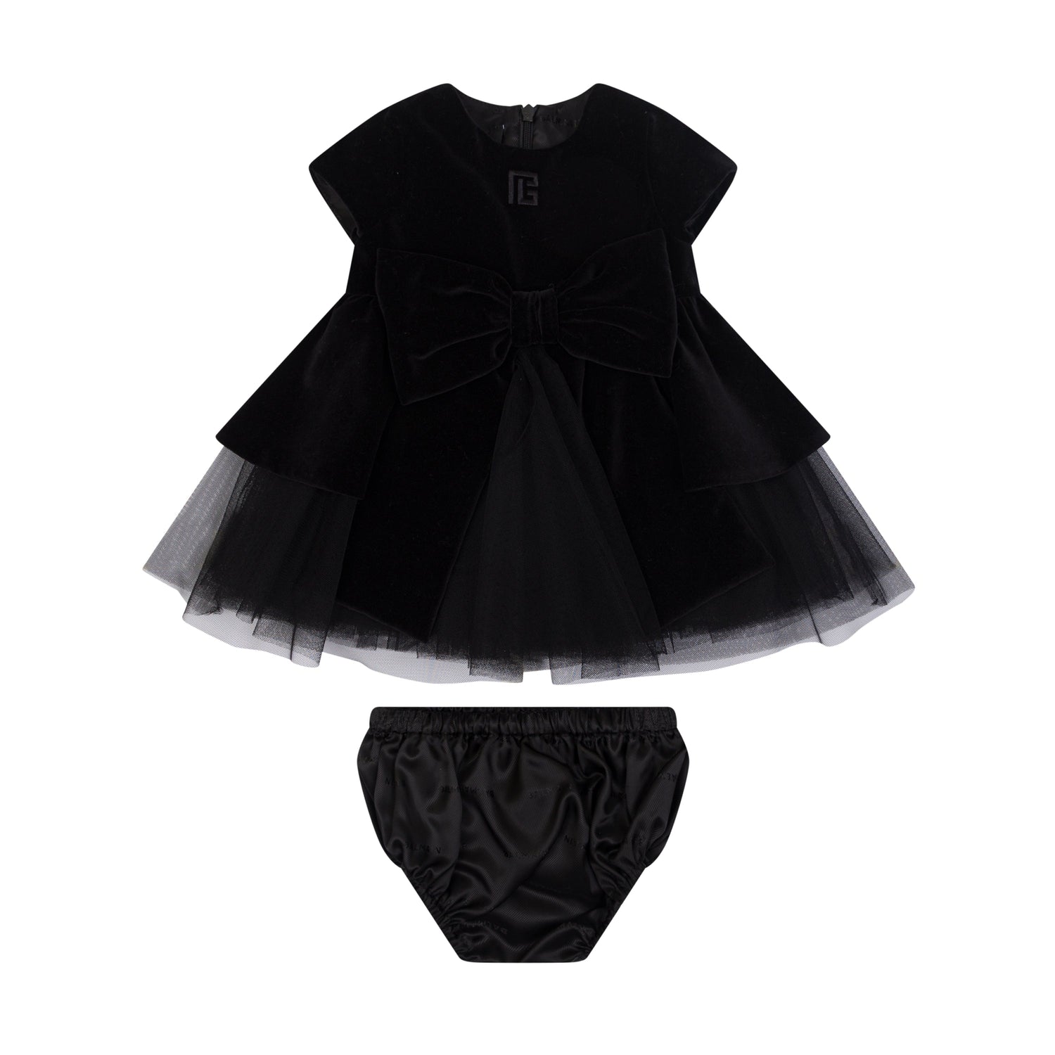 Infant Woven Cotton Peplum Dress with Layered Tulle Skirt &amp; Matching Bloomers Balmain