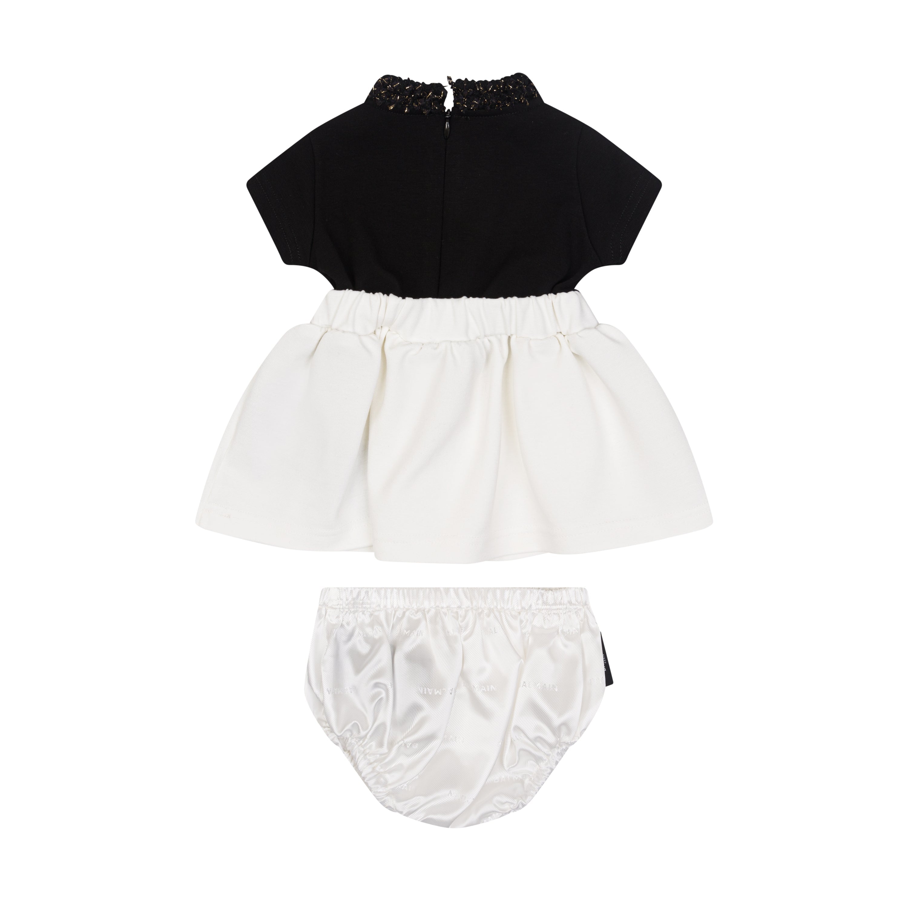 Baby Knit Dress &amp; Satin Bloomers Set with Bouclé-Trimmed Neckline Balmain