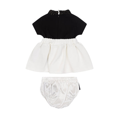 Baby Knit Dress &amp; Satin Bloomers Set with Bouclé-Trimmed Neckline Balmain