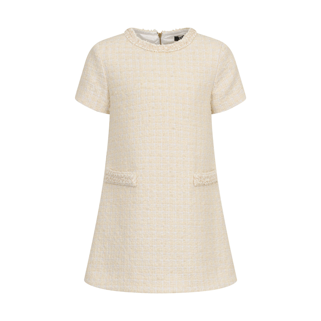 Girls’ Bouclé Tweed A-Line Dress with Frayed Trim &amp; Front Pockets Balmain