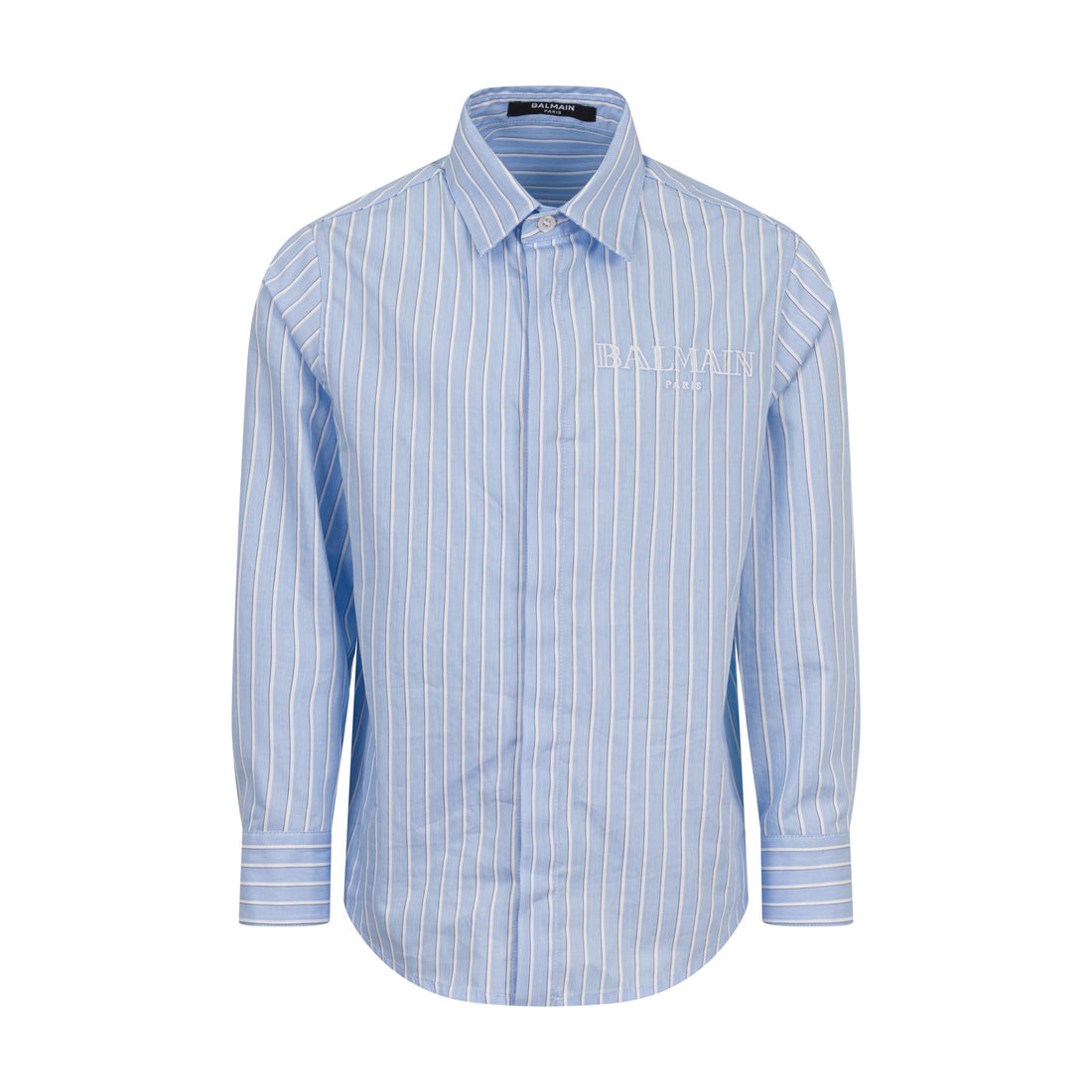 Children’s Blue Striped Cotton Shirt with Embroidered Chest Logo Balmain