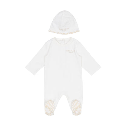 Logo-Embroidered Cotton Footed Romper &amp; Beanie Set Balmain