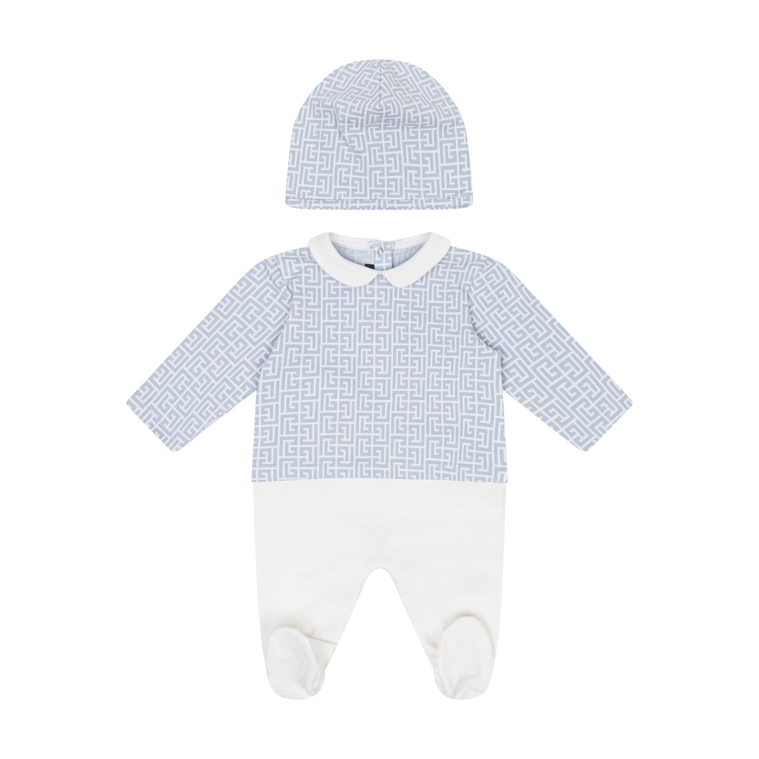 Jacquard-Knit Cotton Footed Romper &amp; Matching Beanie Set in Blue &amp; Pink Option Balmain