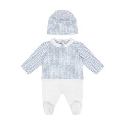 Jacquard-Knit Cotton Footed Romper &amp; Matching Beanie Set in Blue &amp; Pink Option Balmain