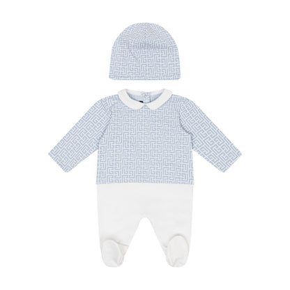Baby outfit with blue and white checkered pattern on a white background