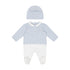 Baby outfit with blue and white checkered pattern on a white background