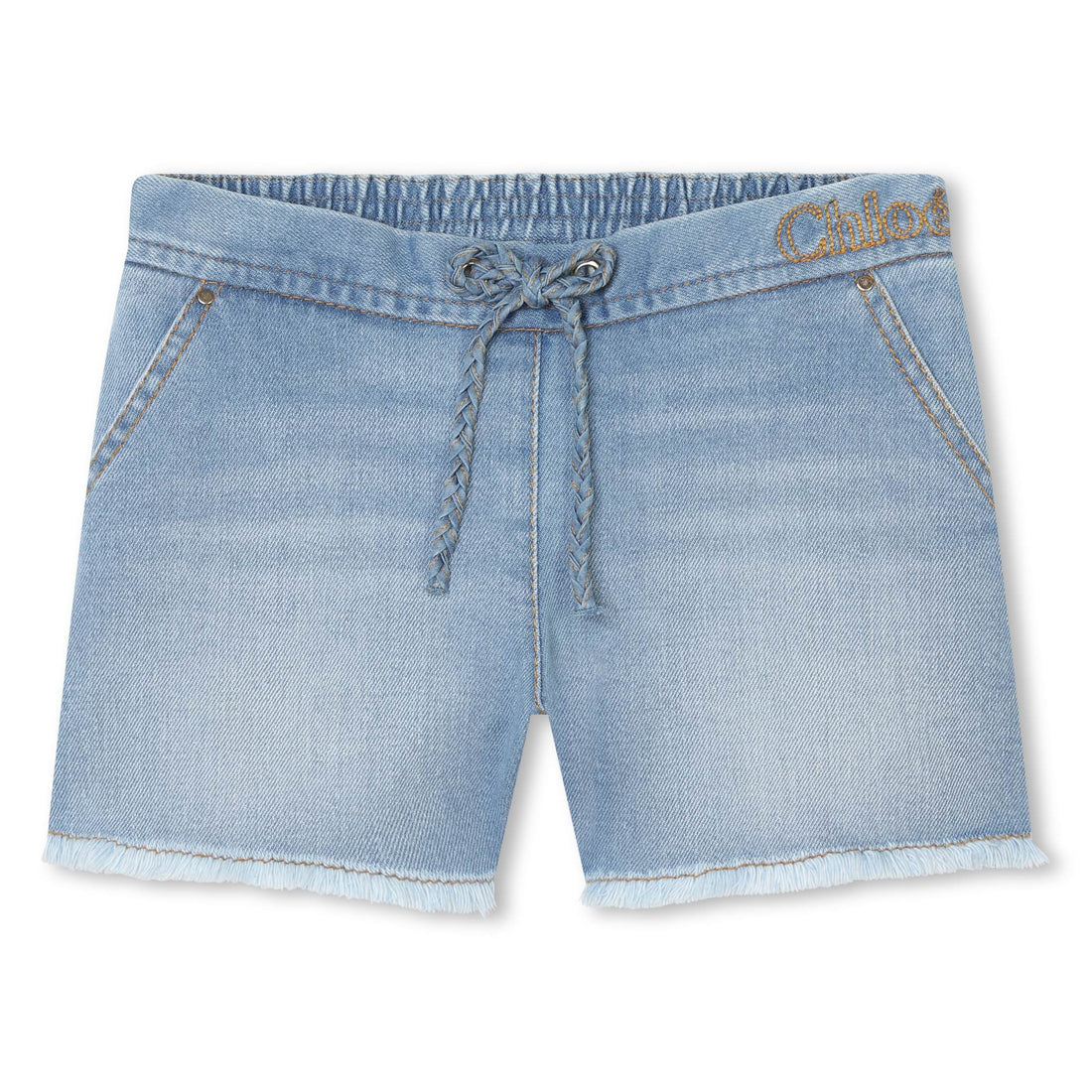 Denim Shorts with Gold Embroidery and Fringed Hem Chloe
