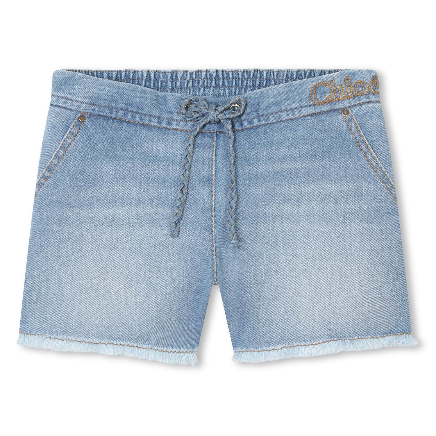 Denim Shorts with Gold Embroidery and Fringed Hem Chloe
