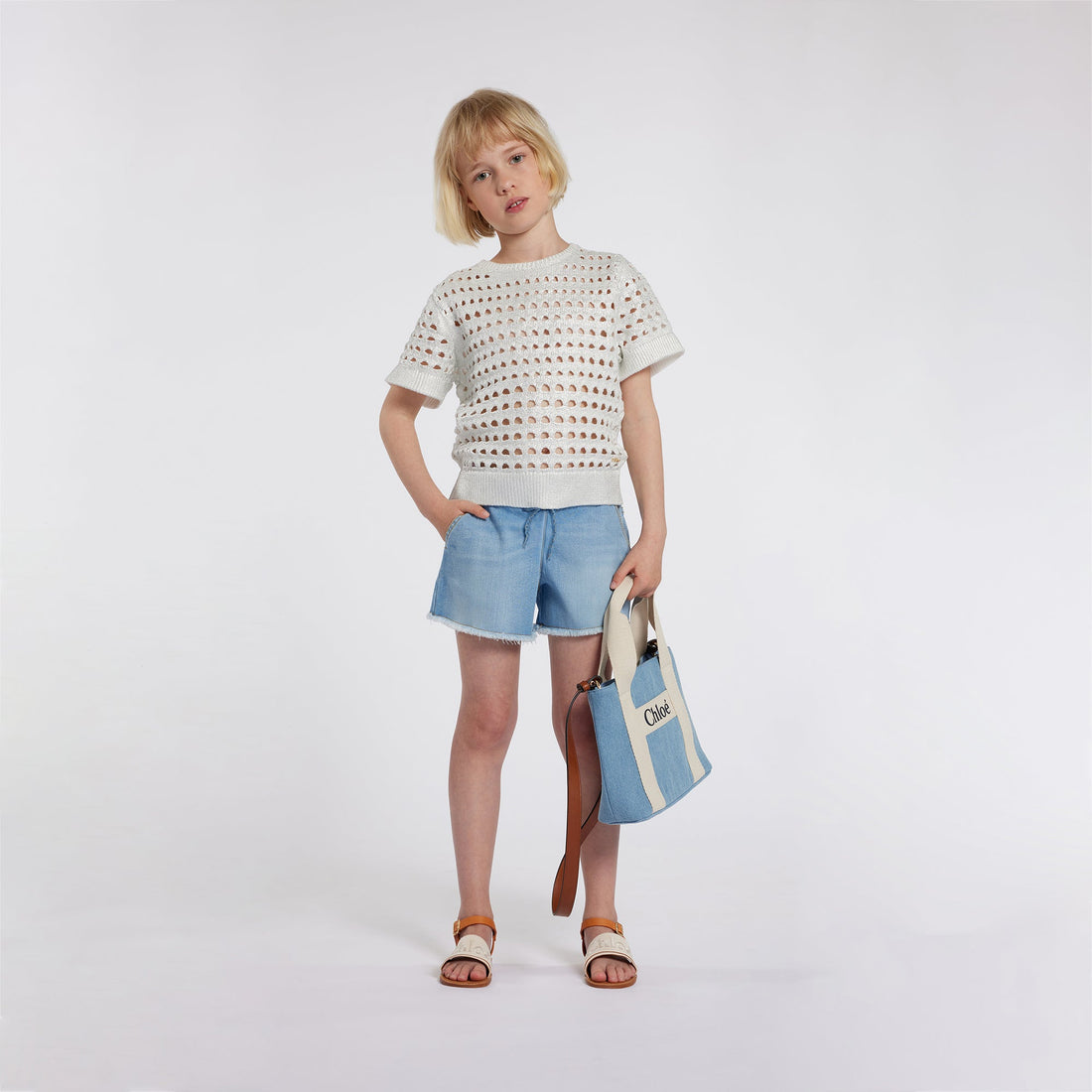 Denim Shorts with Gold Embroidery and Fringed Hem Chloe
