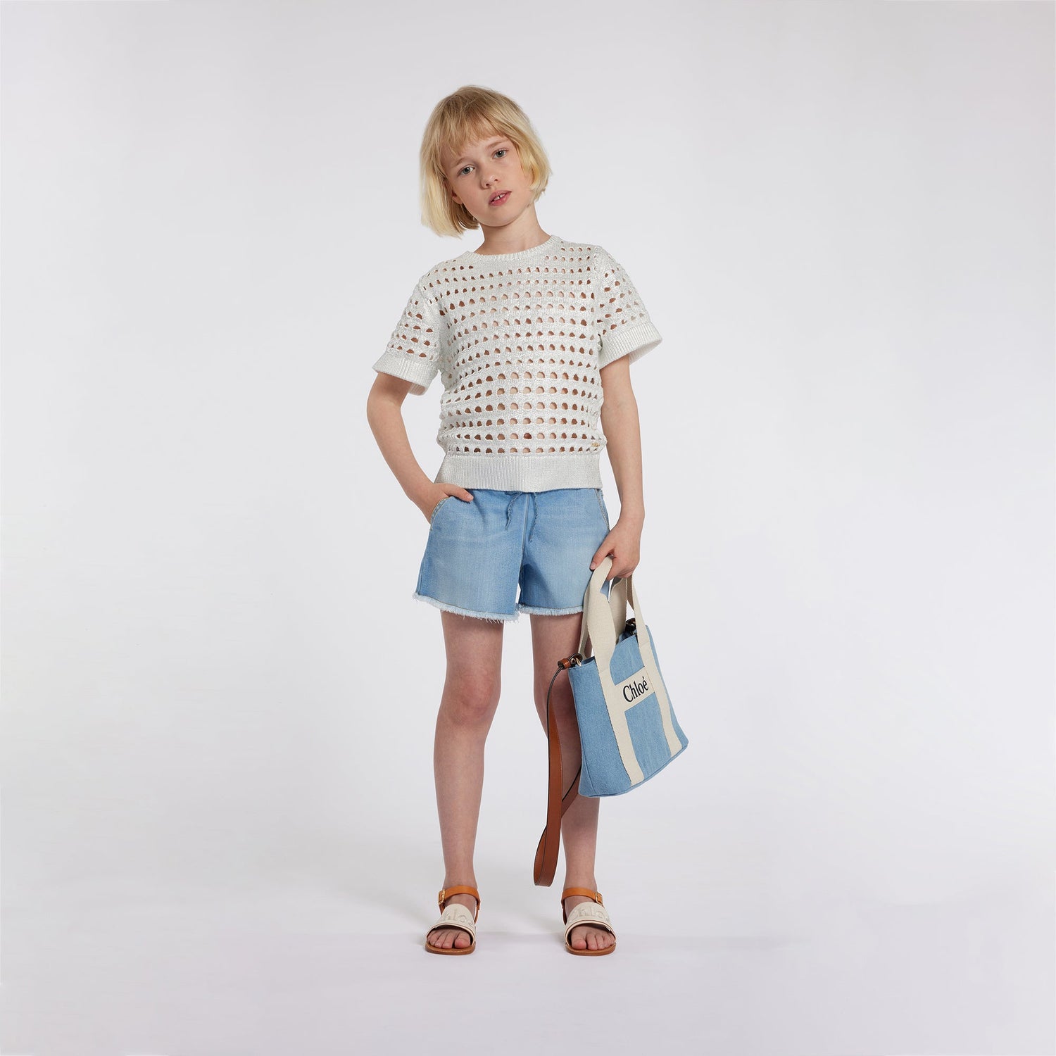 Denim Shorts with Gold Embroidery and Fringed Hem Chloe