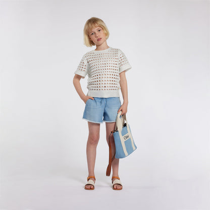 Denim Shorts with Gold Embroidery and Fringed Hem Chloe