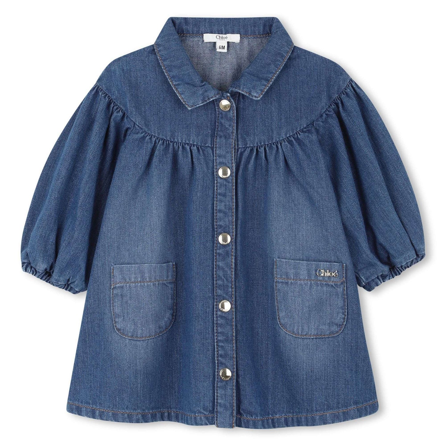 Blue Denim Long Sleeve Shirt Dress with Gathered Details and Pockets Chloé