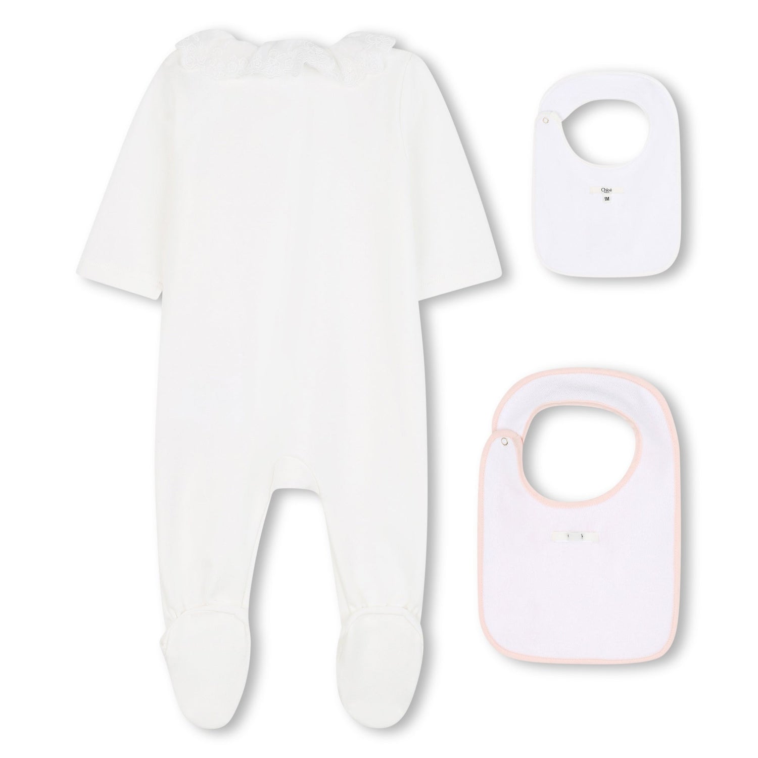 White Cotton Babygrow with Two Bibs Gift Set in Ivory and Pink Chloé