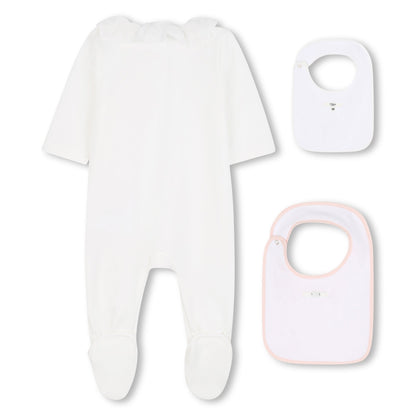 White Cotton Babygrow with Two Bibs Gift Set in Ivory and Pink Chloé