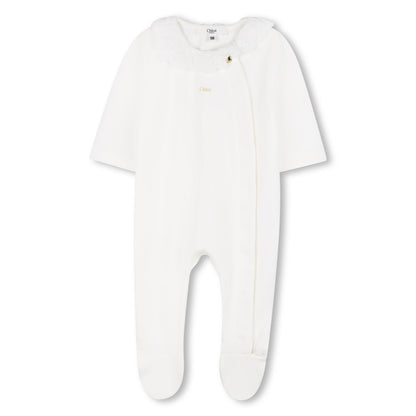 White Cotton Babygrow with Two Bibs Gift Set in Ivory and Pink Chloé