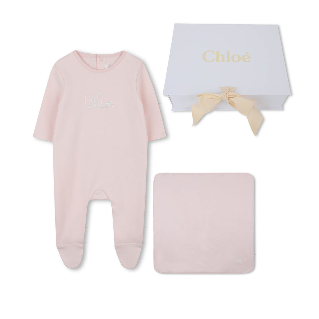 Pink Cotton Sleepsuit and Blanket Gift Set with Embroidered Logo Chloé