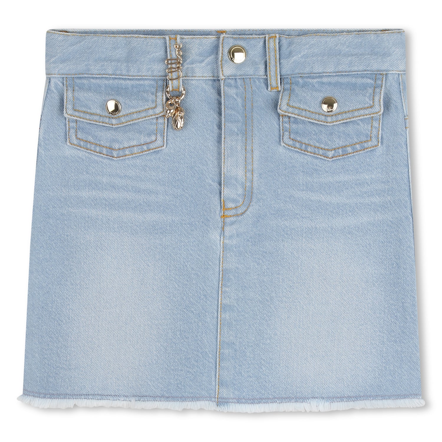 Organic Cotton Stretch Denim Skirt With Gold Charm Detail, Light Blue Chloe