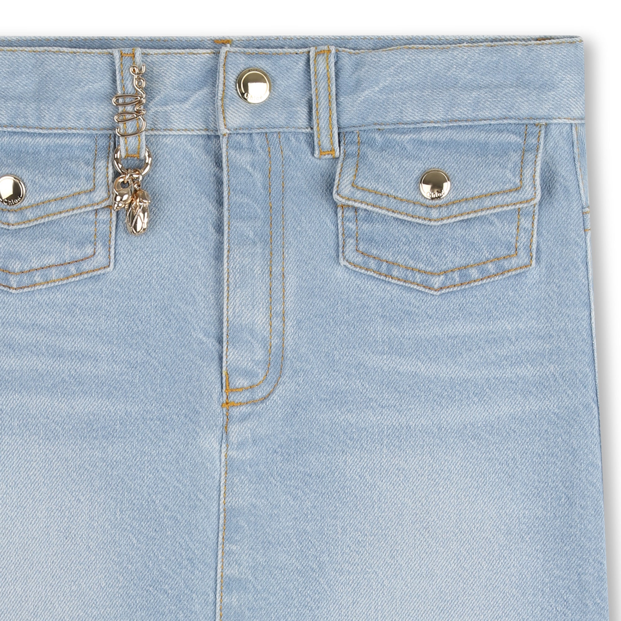 Organic Cotton Stretch Denim Skirt With Gold Charm Detail, Light Blue Chloe