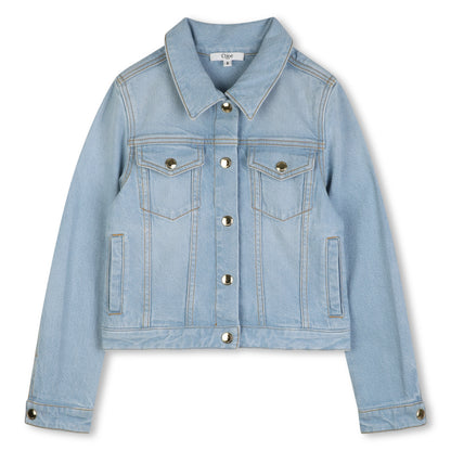 Organic Cotton Stretch Denim Jacket With Leather Back Patch, Light Blue Chloe
