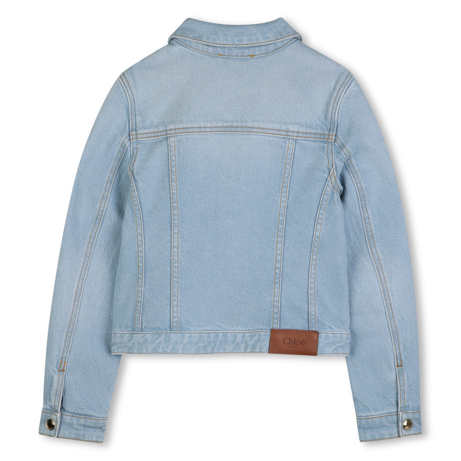 Organic Cotton Stretch Denim Jacket With Leather Back Patch, Light Blue Chloe