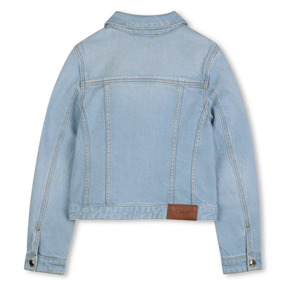 Organic Cotton Stretch Denim Jacket With Leather Back Patch, Light Blue Chloe