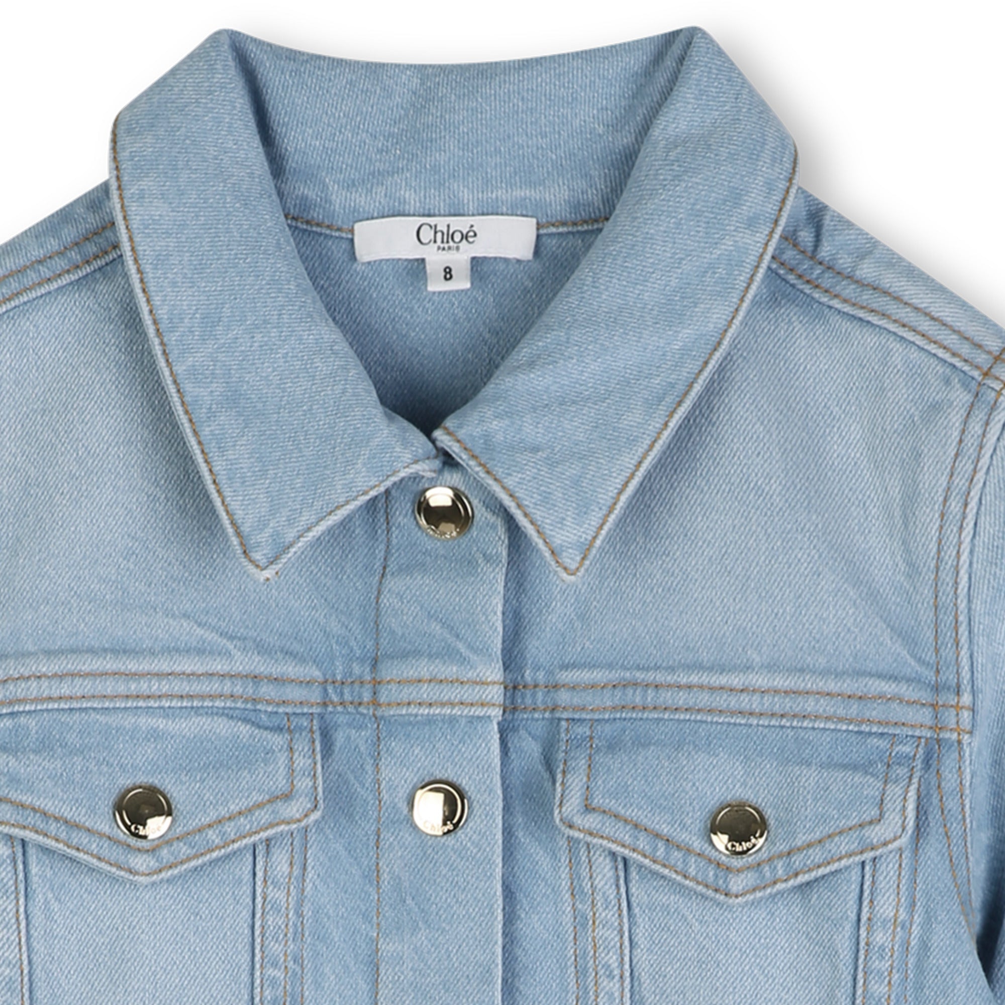 Organic Cotton Stretch Denim Jacket With Leather Back Patch, Light Blue Chloe