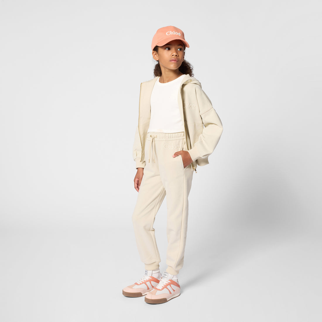 Organic Cotton French Terry Zip Hoodie With Embroidered Logo, Cream Chloe