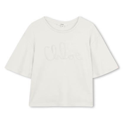 Organic Cotton Interlock T Shirt With Script Appliqué, Ivory Chloe